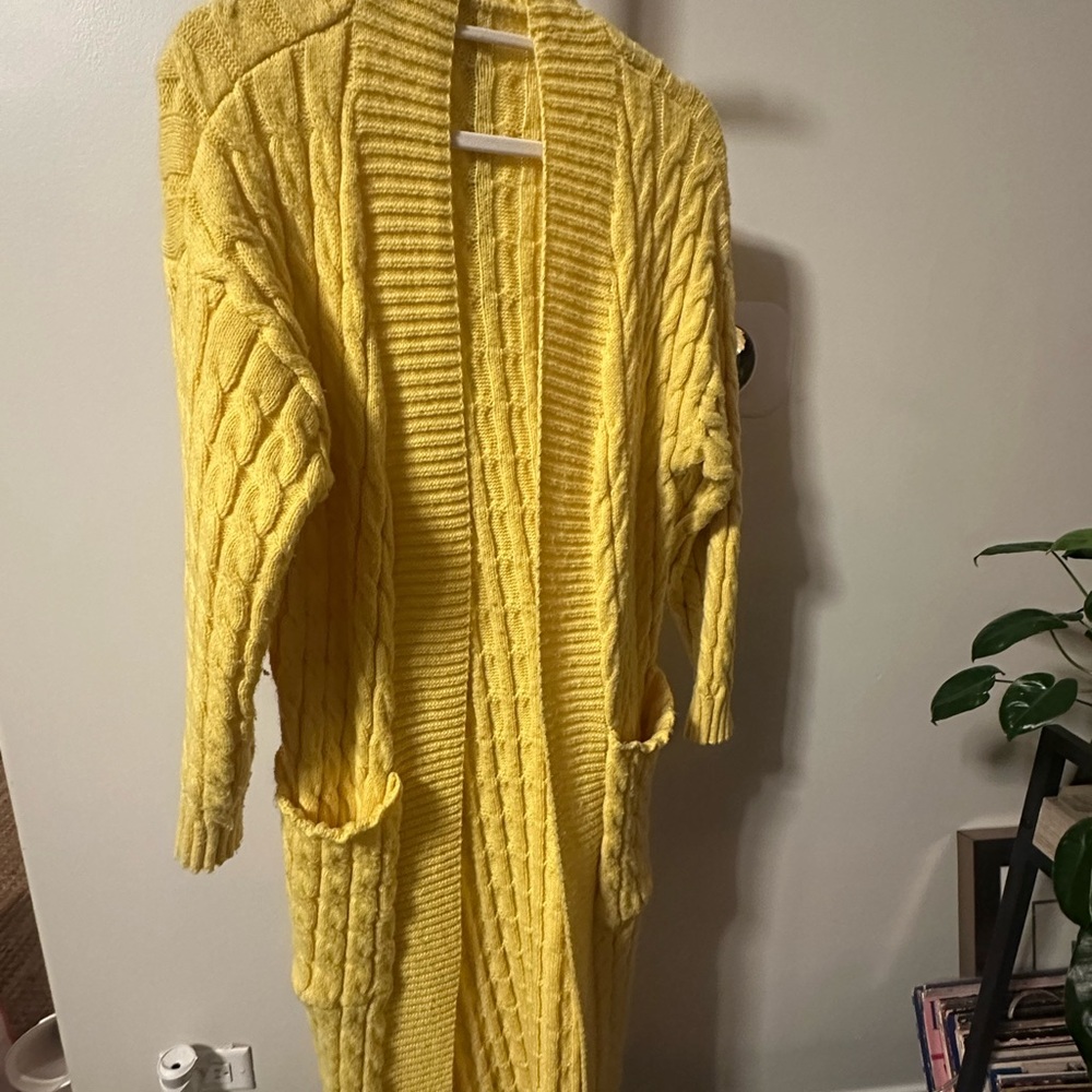 Yellow Cable Knit Open Front Sweater